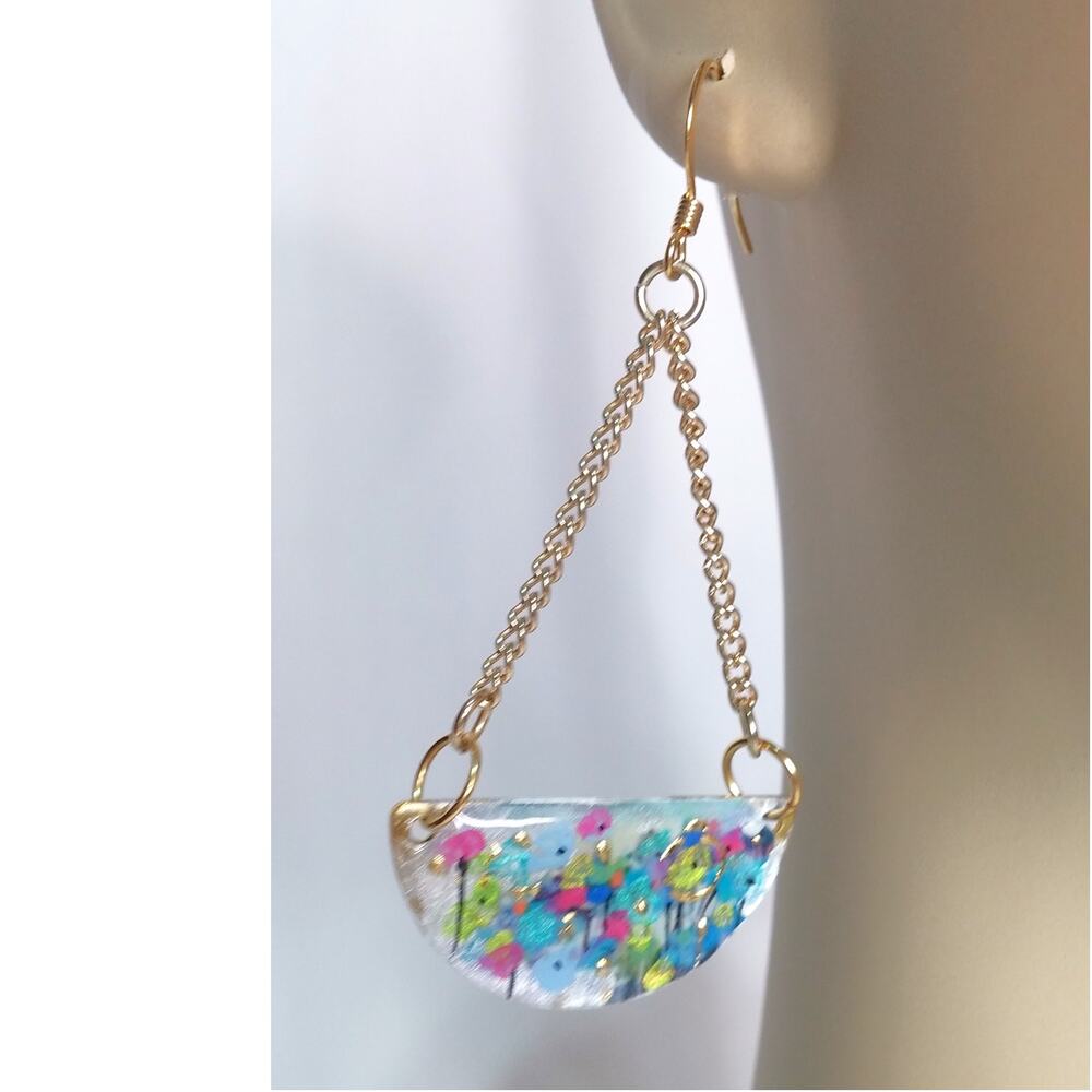 Artisan Crafted Painted Floral Earrings Half Moon Gold Tone Chain Monet Abstract - Picture 8 of 10